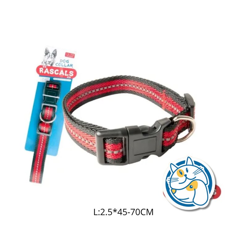 DOG COLLAR REFLECTIVO，COLOR ROJO，L:2.5*45-70CM ，1PC/TIE BACKCARD