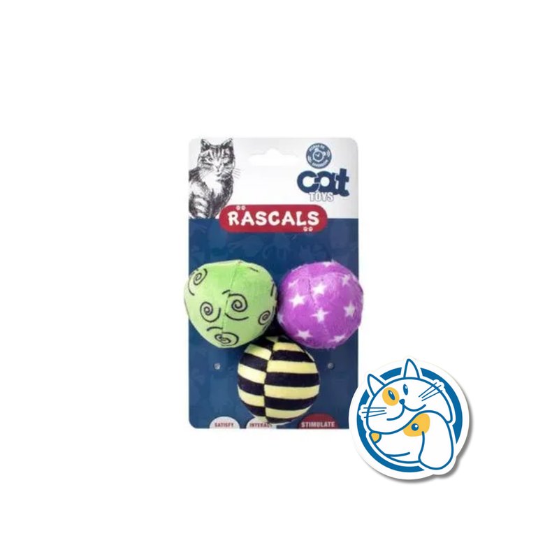 PACK DE 3 PELOTAS PARA GATOS CON RELLENO Y HIERBA GATERA, EN BACKCARD COLORES SURTIDOS
