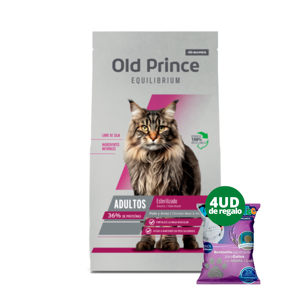 OLD PRINCE EQUILIBRIUM GATOS ADULTOS INDOOR CARE ESTERILIZADOS 7,5KG + 4 ZOOTEC AGLUTINANTES LAVANDA 4KG